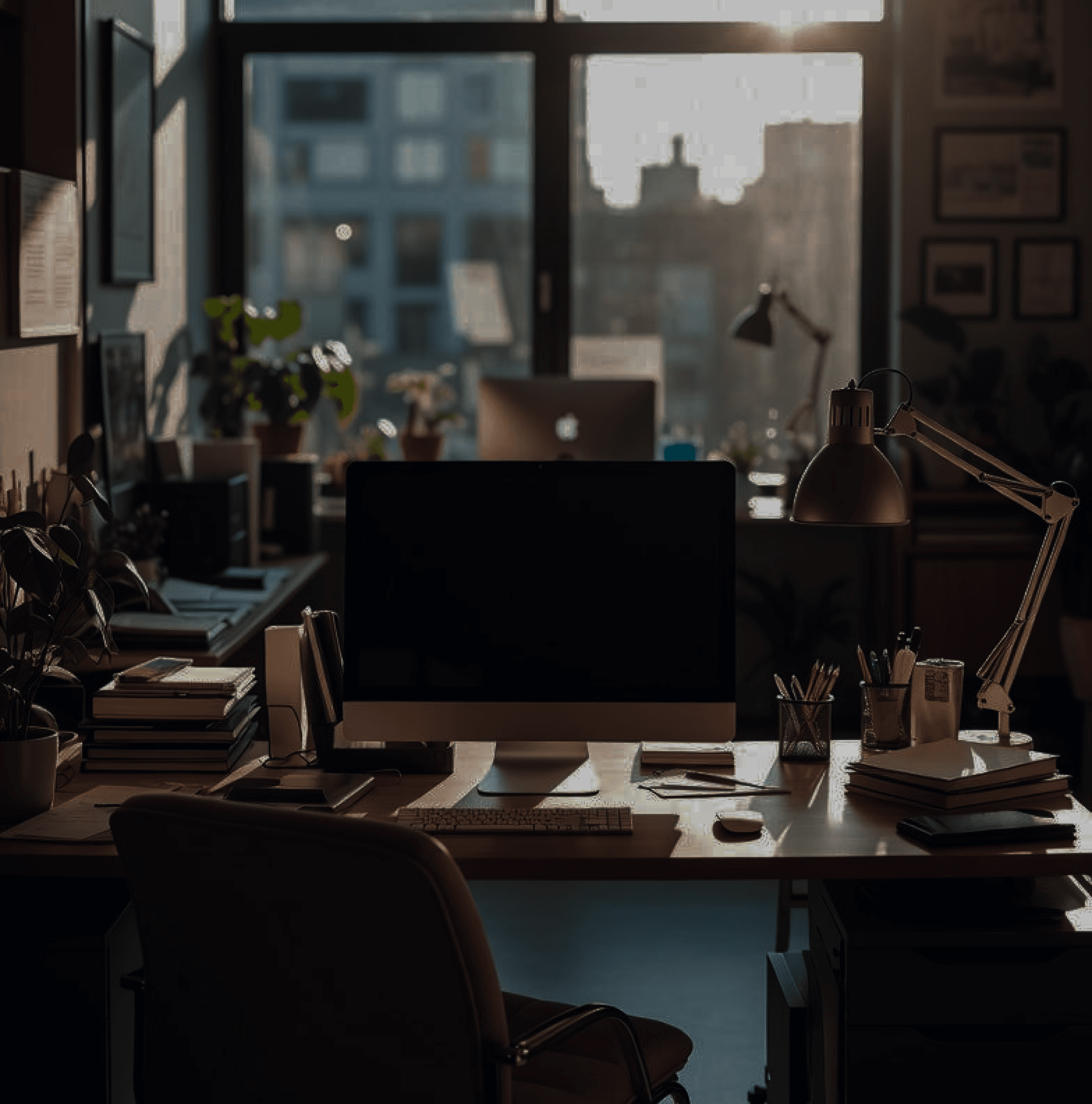 Desk with laptop and lamp